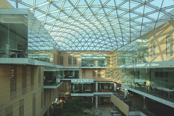 Großzügiges, modernes Atrium mit Glasdecken, Holzwänden und leeren Büros mit Glaswänden. Sonnenlicht wirft geometrische Schatten. Ruhiges Ambiente.