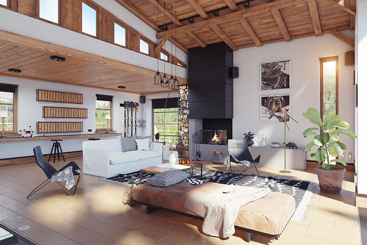 Bright modern living room with wooden ceiling, white sofa, leather ottoman, a fireplace, large windows, and a plant. Cozy and inviting.